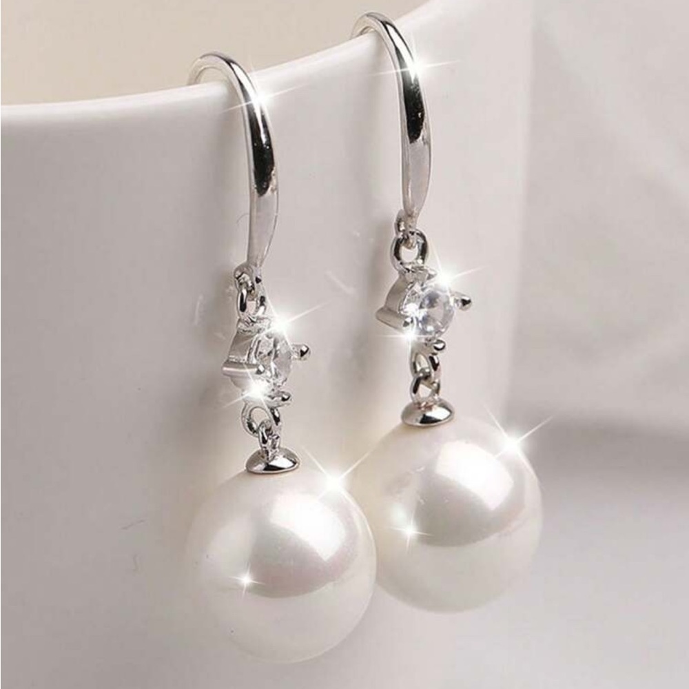 925 Sterling Silver Pearl & Sparkling Cubic Zirconia Drop Earrings - Picture 2 of 3